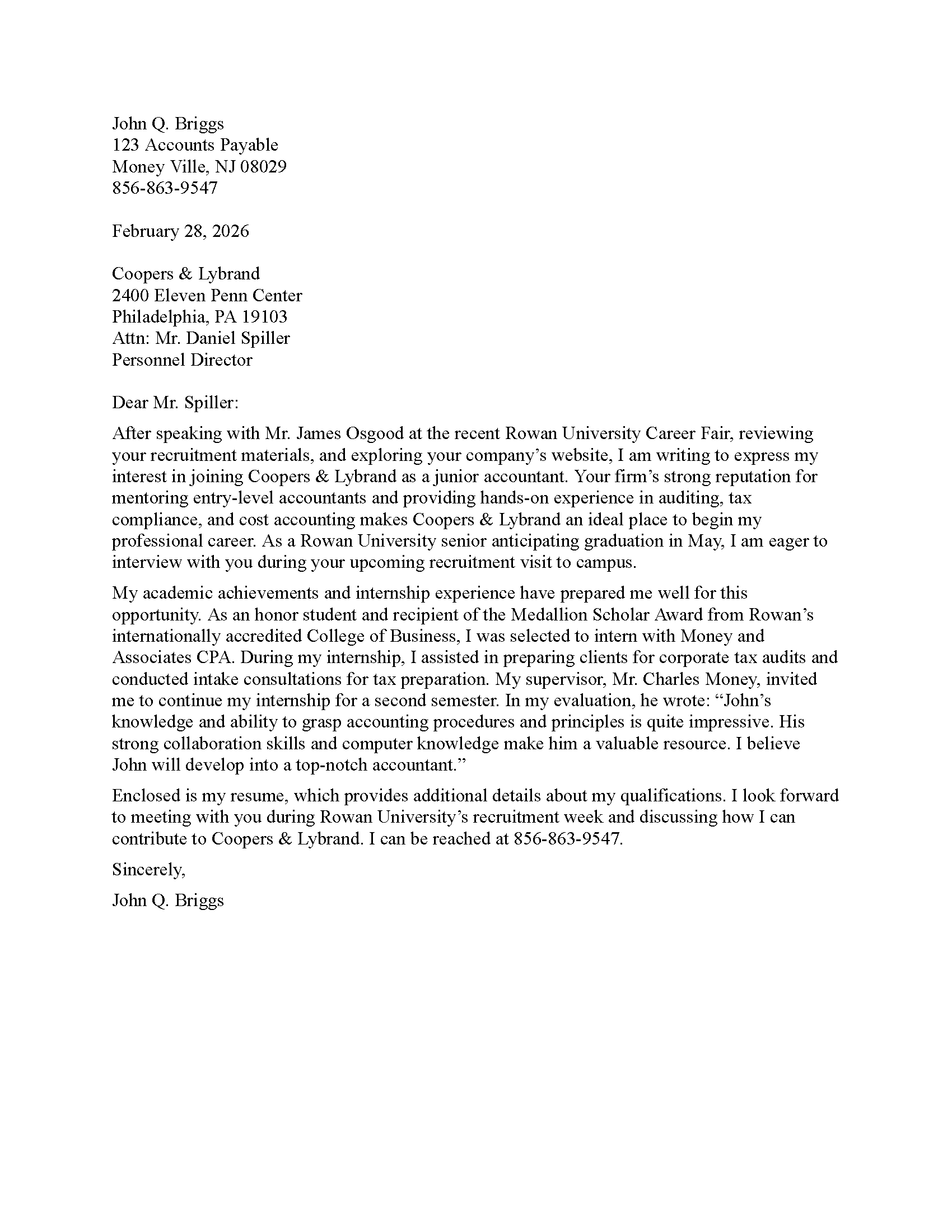 Accounting Cover Letter Career Fair