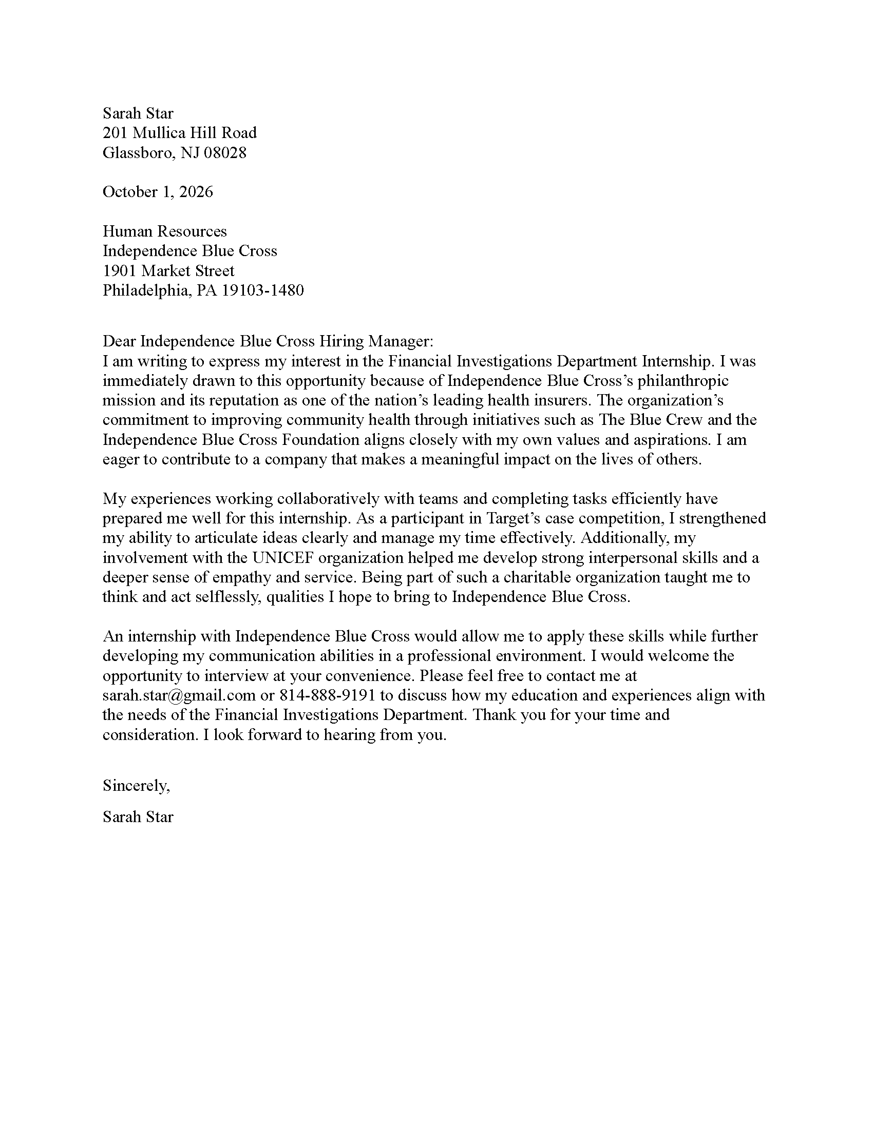 Finance Intern Cover Letter