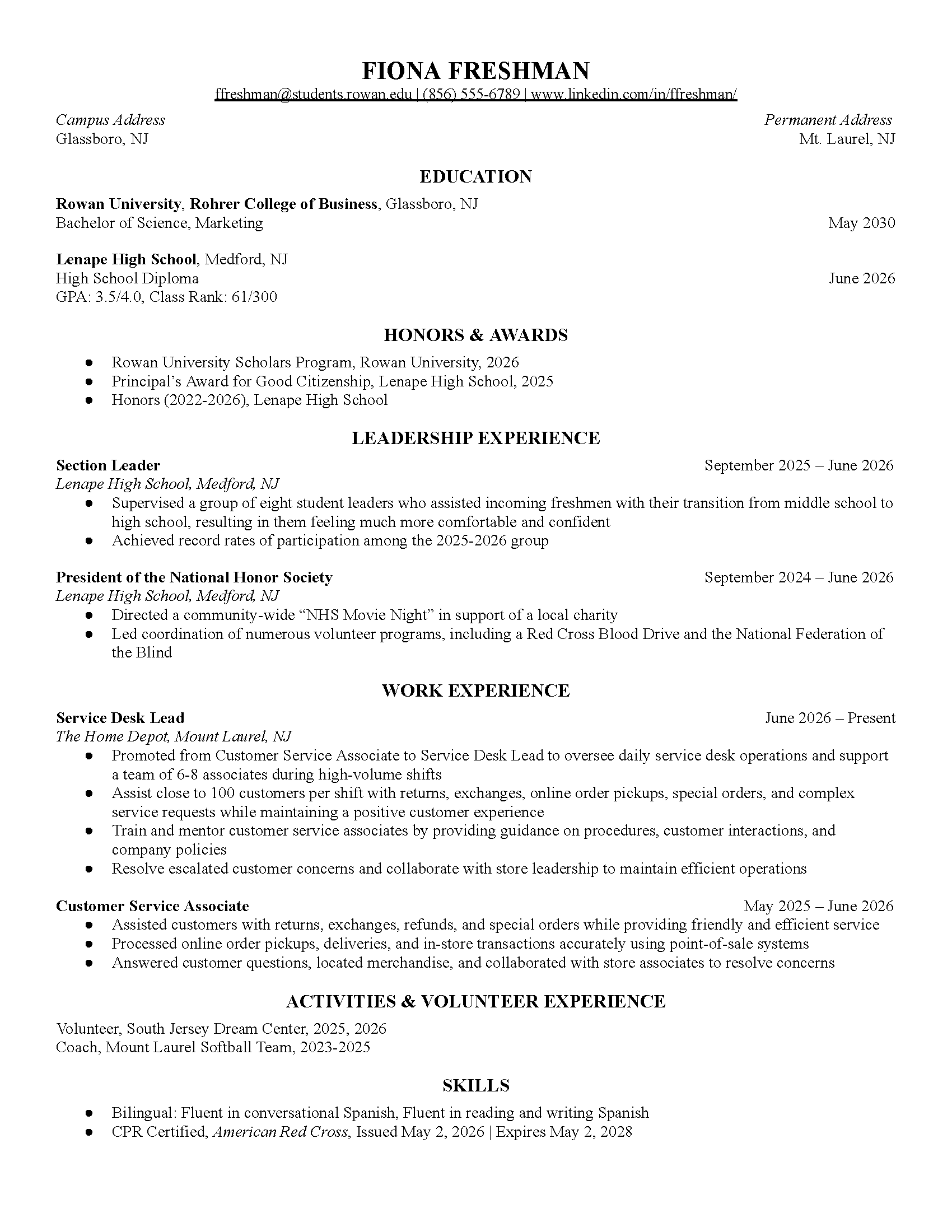 Freshman Resume