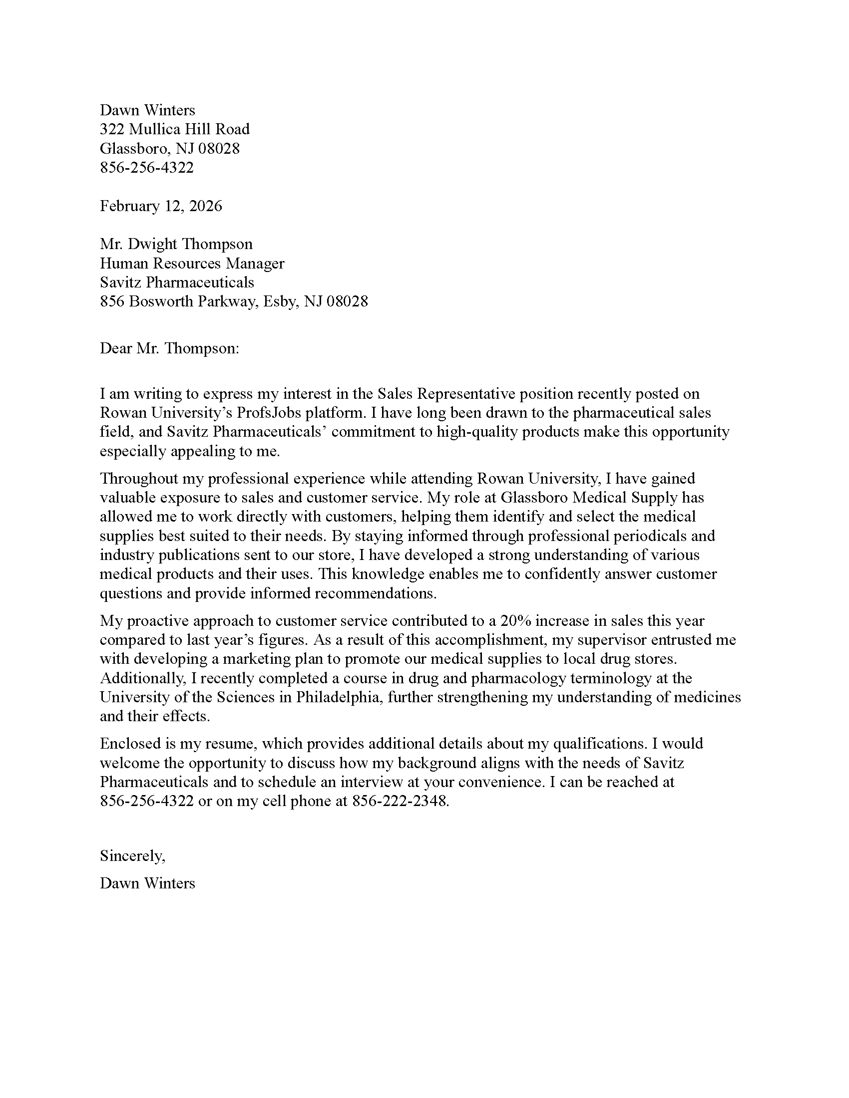 Sales Rep Cover Letter