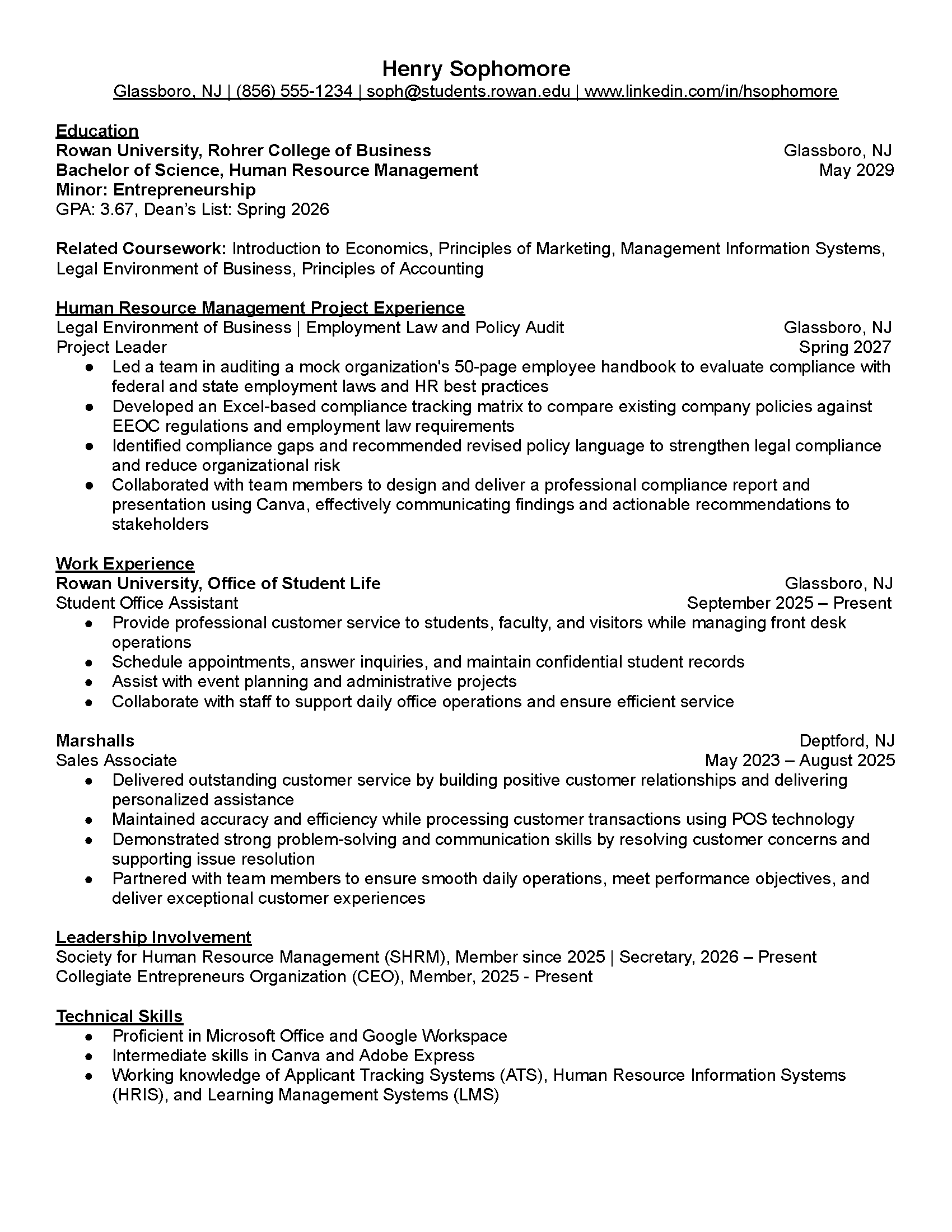 Sophomore Resume